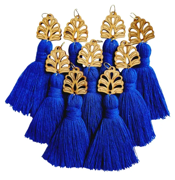 Royal_Blue_Mini_Cotton_Handmade__Tassels_with_wooden_leaf_,_Pack_of_10
