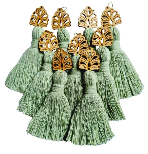 Seagreen_Mini_Cotton_Handmade__Tassels_with_wooden_leaf_,_Pack_of_10