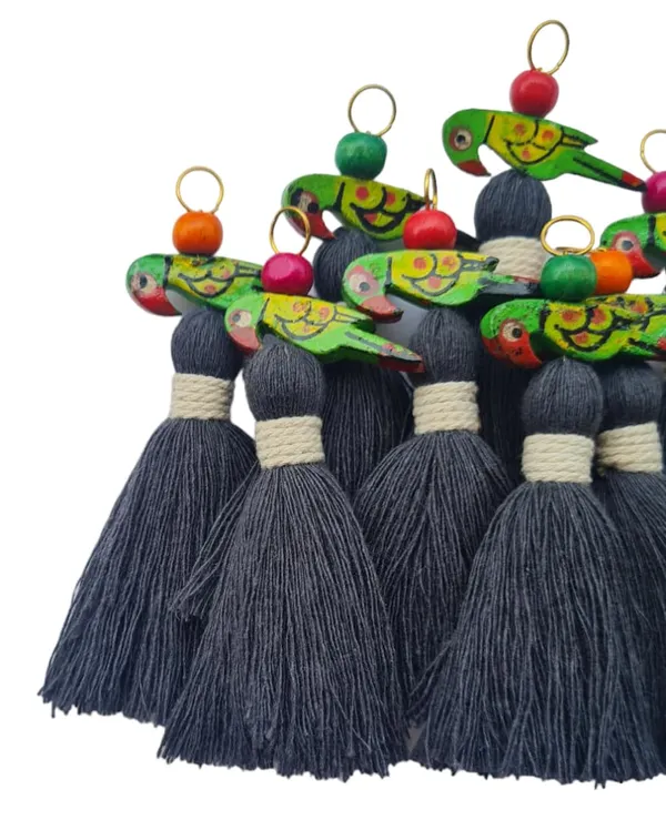 Mini_Cotton_Tassels_with_Parrots_(Pack_of_10)_(Dark_Grey)