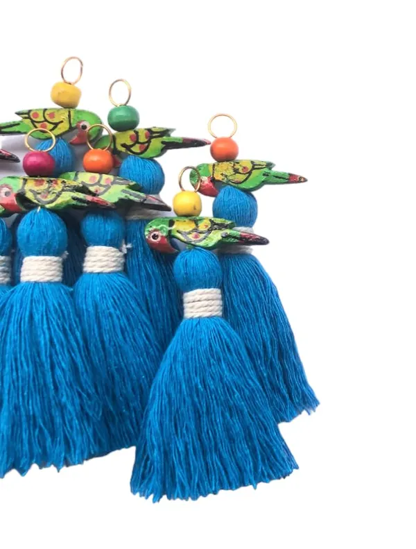 Mini_Cotton_Tassels_with_Parrots_(Pack_of_10)_(Firozi)
