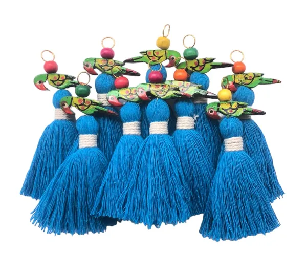Mini_Cotton_Tassels_with_Parrots_(Pack_of_10)_(Firozi)