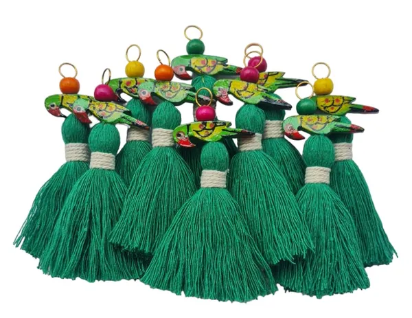 Mini_Cotton_Tassels_with_Parrots_(Pack_of_10)_(Dark_Green)
