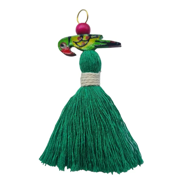Mini_Cotton_Tassels_with_Parrots_(Pack_of_10)_(Dark_Green)