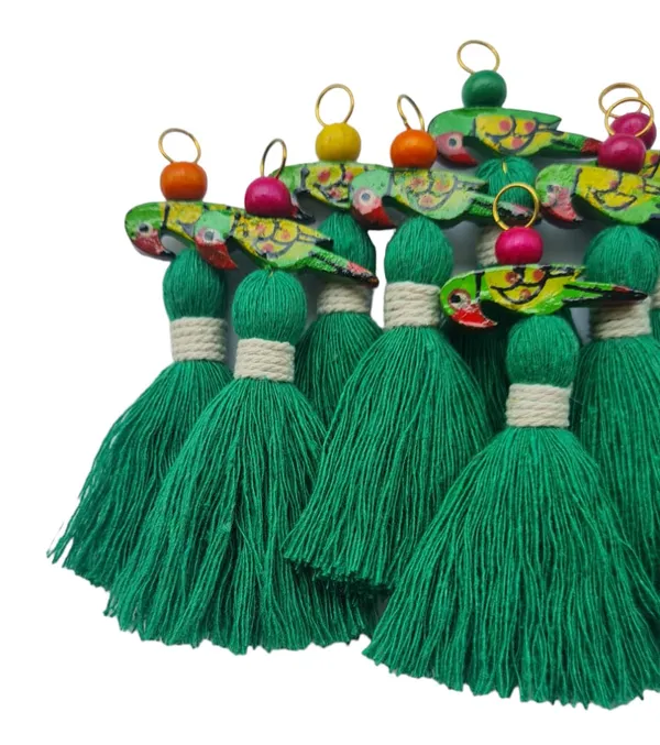 Mini_Cotton_Tassels_with_Parrots_(Pack_of_10)_(Dark_Green)