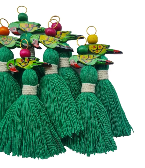 Mini_Cotton_Tassels_with_Parrots_(Pack_of_10)_(Dark_Green)