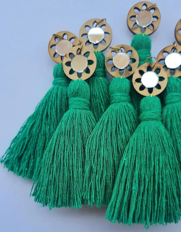 Dark_Green_Mini_Cotton_Handmade__Tassels_with_mirrors_,_Pack_of_10
