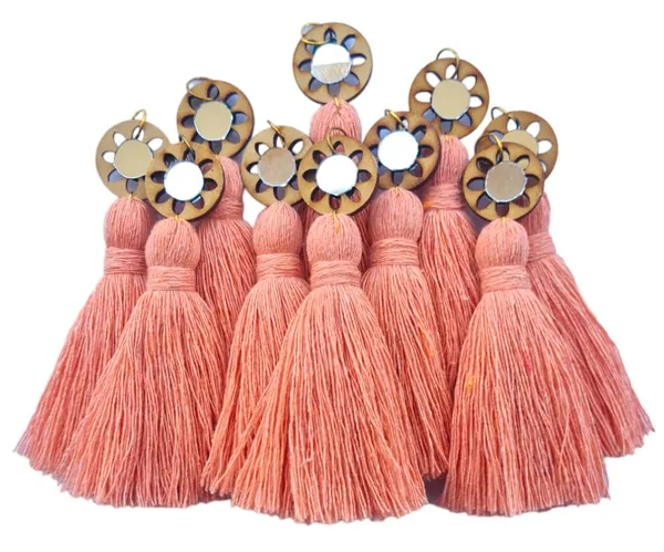 Peach__Mini_Cotton_Handmade__Tassels_with_mirrors_,_Pack_of_10