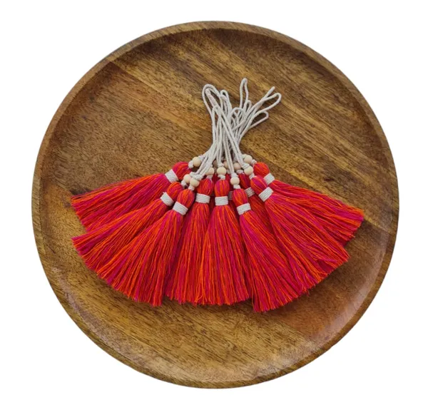 Mix-_Dark_Pink_&_Orange_Long_Cotton_Handmade_Tassels_With_Wooden_Beads_,_Pack_Of_10