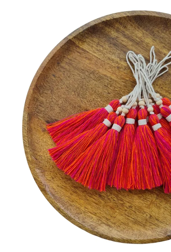 Mix-_Dark_Pink_&_Orange_Long_Cotton_Handmade_Tassels_With_Wooden_Beads_,_Pack_Of_10