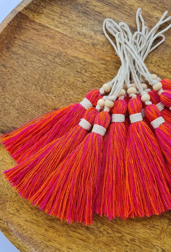 Mix-_Dark_Pink_&_Orange_Long_Cotton_Handmade_Tassels_With_Wooden_Beads_,_Pack_Of_10