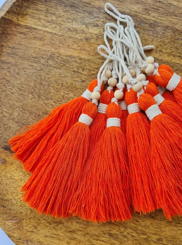 Orange_Long_Cotton_Handmade_Tassels_With_Wooden_Beads_Pack_Of_10