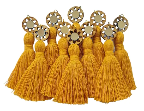 Mustard_Mini_Cotton_Handmade__Tassels_with_mirrors_,_Pack_of_10