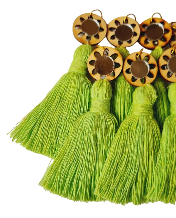 Parrot_Green_Mini_Cotton_Handmade__Tassels_with_mirrors_,_Pack_of_10