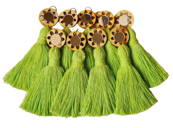 Parrot_Green_Mini_Cotton_Handmade__Tassels_with_mirrors_,_Pack_of_10