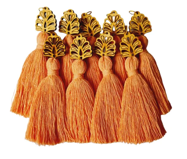 Peach_Mini_Cotton_Handmade__Tassels_with_wooden_leaf_,_Pack_of_10