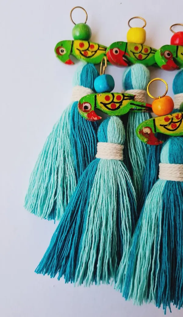 Mini_Cotton_Tassels_with_Parrots_(Pack_of_10)_(Dual-Turquoise_&_Aqua_Blue)