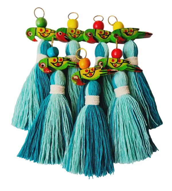Mini_Cotton_Tassels_with_Parrots_(Pack_of_10)_(Dual-Turquoise_&_Aqua_Blue)