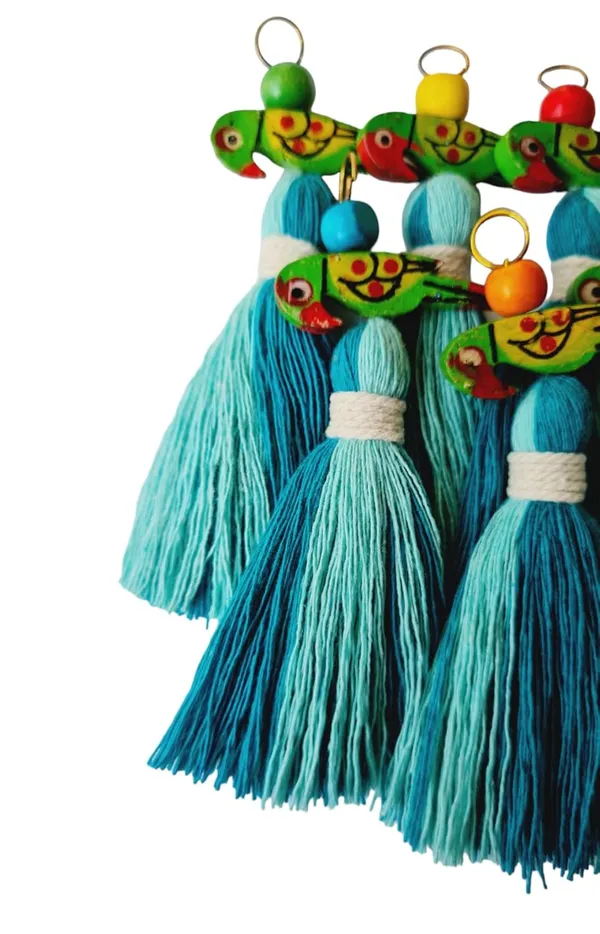 Mini_Cotton_Tassels_with_Parrots_(Pack_of_10)_(Dual-Turquoise_&_Aqua_Blue)