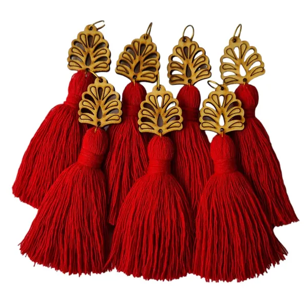 Red_Mini_Cotton_Handmade_Tassels_with_wooden_leaf,_Pack_of_10
