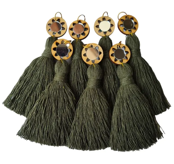 Military_Green_Mini_Cotton_Handmade__Tassels_with_mirrors_,_Pack_of_10