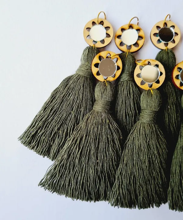 Military_Green_Mini_Cotton_Handmade__Tassels_with_mirrors_,_Pack_of_10