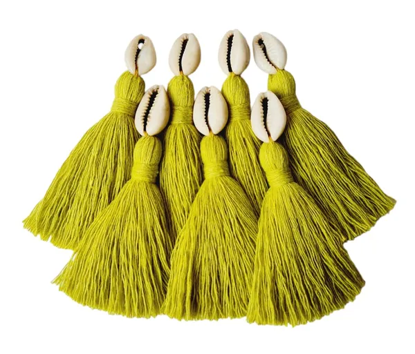Olive_Green_Mini_Cotton_Handmade_Tassels_With_Cowrie_Shells_,__Pack_Of_10