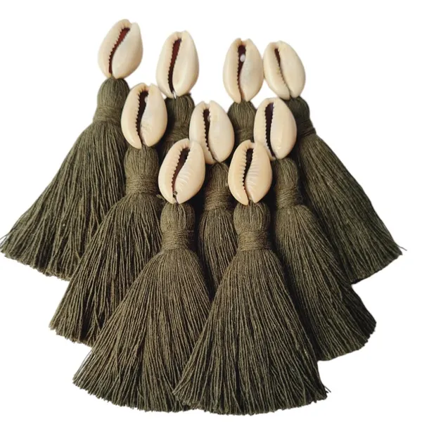 Military_Green__Mini_Cotton_Handmade_Tassels_With_Cowrie_Shells_,__Pack_Of_10