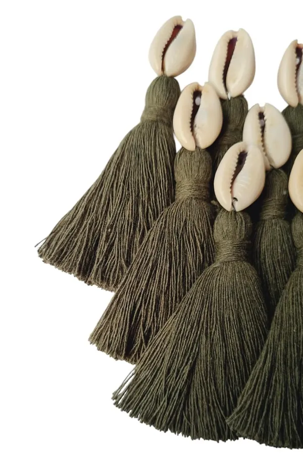 Military_Green__Mini_Cotton_Handmade_Tassels_With_Cowrie_Shells_,__Pack_Of_10