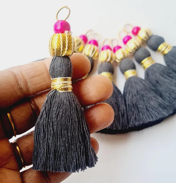 Mini_Handmade_Cotton_Tassels_with_Zari_Bead_,_Pack_of_10_(Dark_Grey)