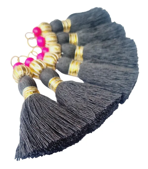 Mini_Handmade_Cotton_Tassels_with_Zari_Bead_,_Pack_of_10_(Dark_Grey)