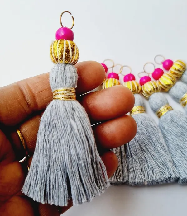 Mini_Handmade_Cotton_Tassels_with_Zari_Bead_,_Pack_of_10_(Grey)