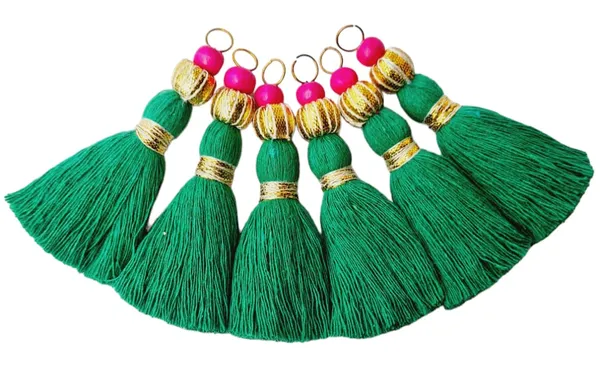 Mini_Handmade_Cotton_Tassels_with_Zari_Bead_,_Pack_of_10_(Dark_Green)