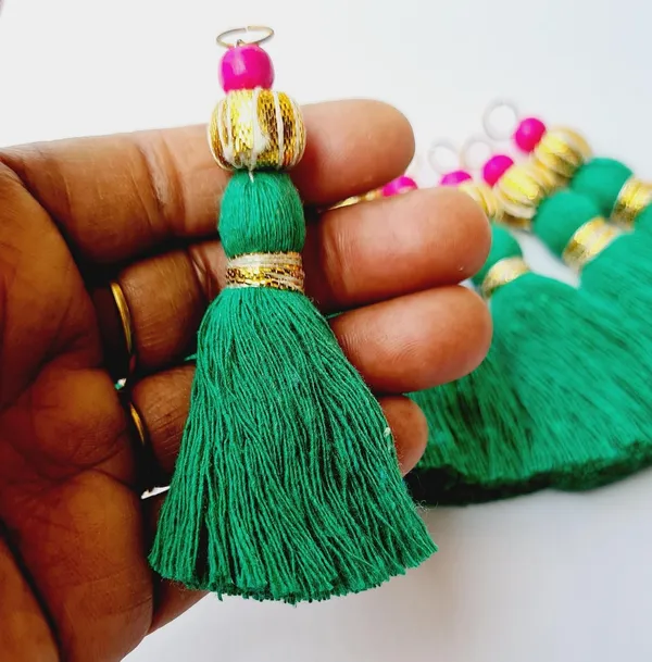 Mini_Handmade_Cotton_Tassels_with_Zari_Bead_,_Pack_of_10_(Dark_Green)