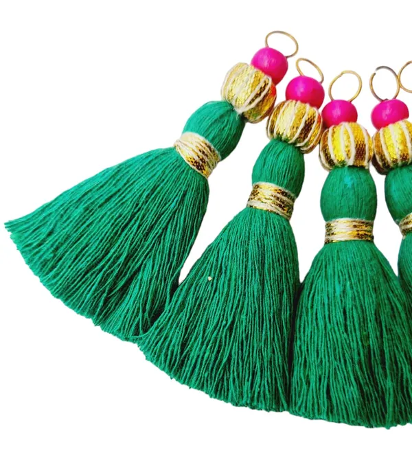 Mini_Handmade_Cotton_Tassels_with_Zari_Bead_,_Pack_of_10_(Dark_Green)