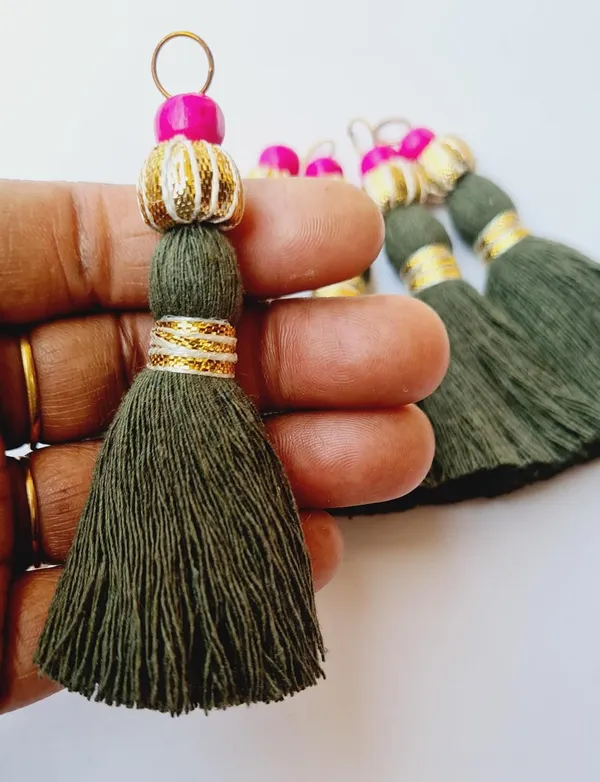 Mini_Handmade_Cotton_Tassels_with_Zari_Bead_,_Pack_of_10_(Military_Green)
