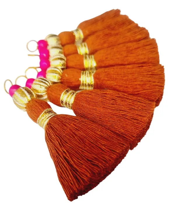 Mini_Handmade_Cotton_Tassels_with_Zari_Bead_,_Pack_of_10_(Rust_Brown)
