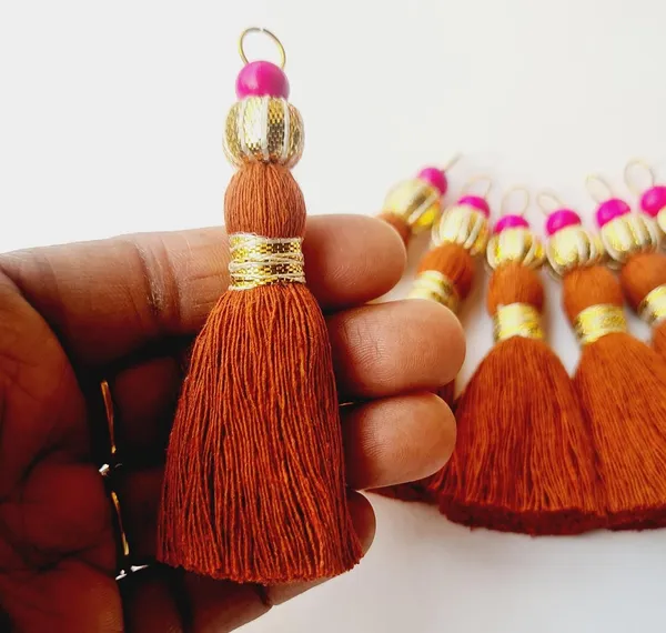 Mini_Handmade_Cotton_Tassels_with_Zari_Bead_,_Pack_of_10_(Rust_Brown)