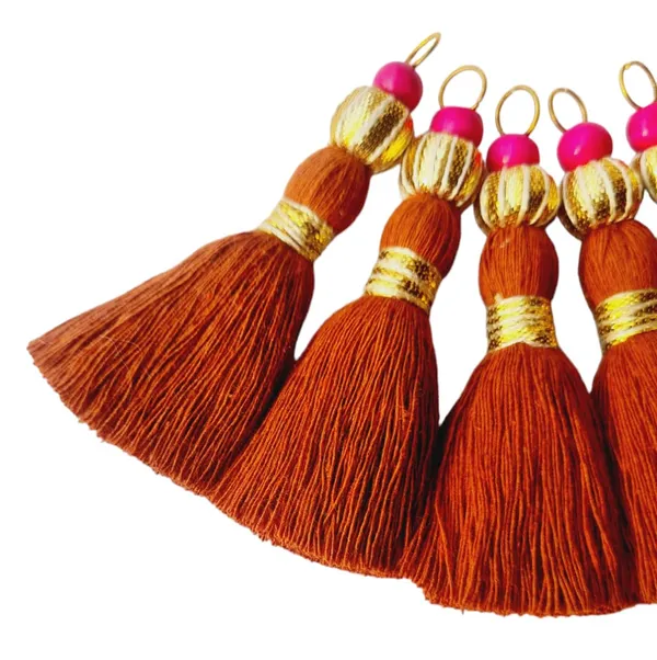 Mini_Handmade_Cotton_Tassels_with_Zari_Bead_,_Pack_of_10_(Rust_Brown)