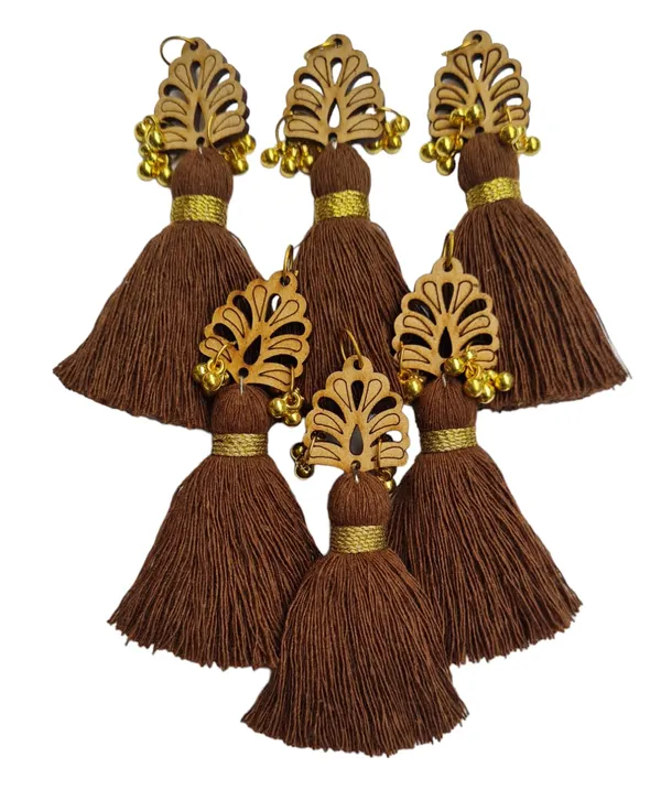 Chocolate_Brown_Cotton_Handmade_Mini_Tassels_With_Wood_Leaf_&_Ghungroo_,_Pack_Of_10