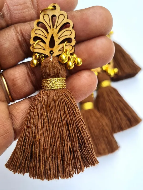Chocolate_Brown_Cotton_Handmade_Mini_Tassels_With_Wood_Leaf_&_Ghungroo_,_Pack_Of_10
