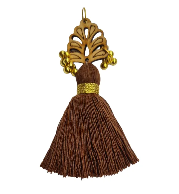 Chocolate_Brown_Cotton_Handmade_Mini_Tassels_With_Wood_Leaf_&_Ghungroo_,_Pack_Of_10