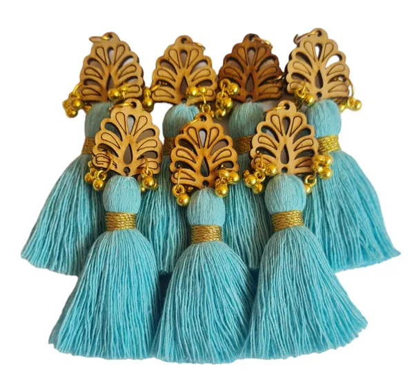 Sky_Blue_Cotton_Handmade_Mini_Tassels_With_Wood_Leaf_&_Ghungroo_,_Pack_Of_10