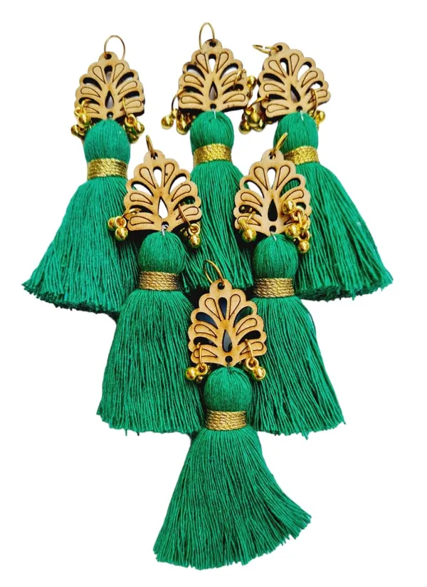 Dark_Green_Cotton_Handmade_Mini_Tassels_With_Wood_Leaf_&_Ghungroo_,_Pack_Of_10