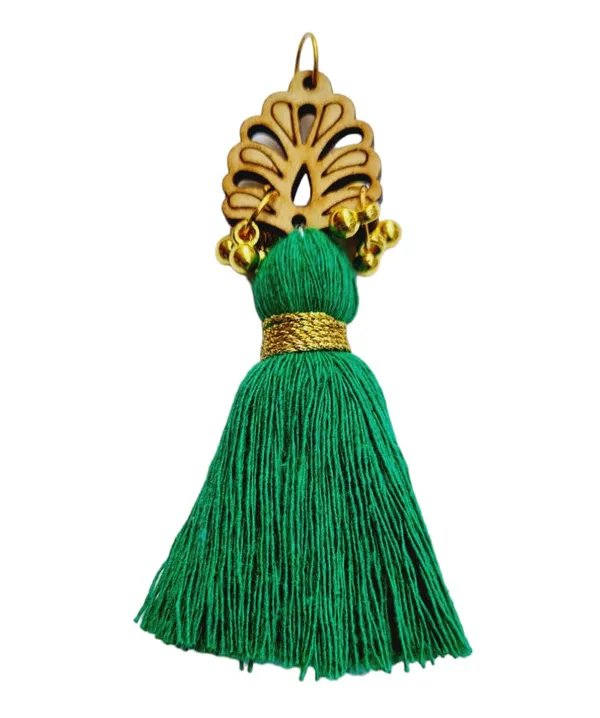 Dark_Green_Cotton_Handmade_Mini_Tassels_With_Wood_Leaf_&_Ghungroo_,_Pack_Of_10