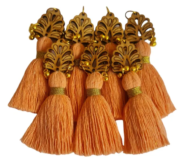 Peach_Cotton_Handmade_Mini_Tassels_With_Wood_Leaf_&_Ghungroo_,_Pack_Of_10