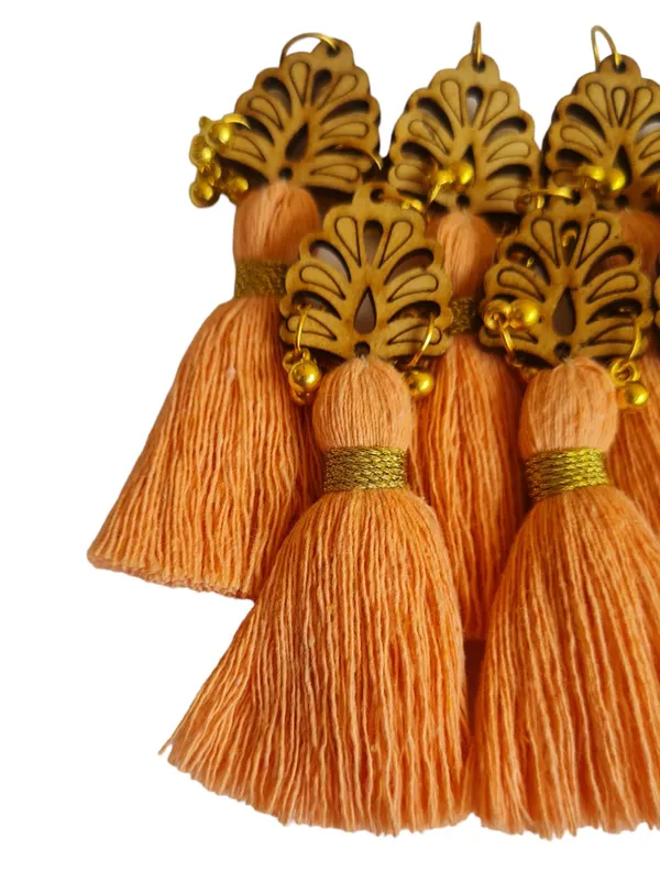 Peach_Cotton_Handmade_Mini_Tassels_With_Wood_Leaf_&_Ghungroo_,_Pack_Of_10