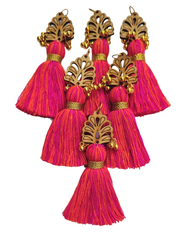 Mix-Dark_Pink_&_Orange_Cotton_Handmade_Mini_Tassels_With_Wood_Leaf_&_Ghungroo_,_Pack_Of_10