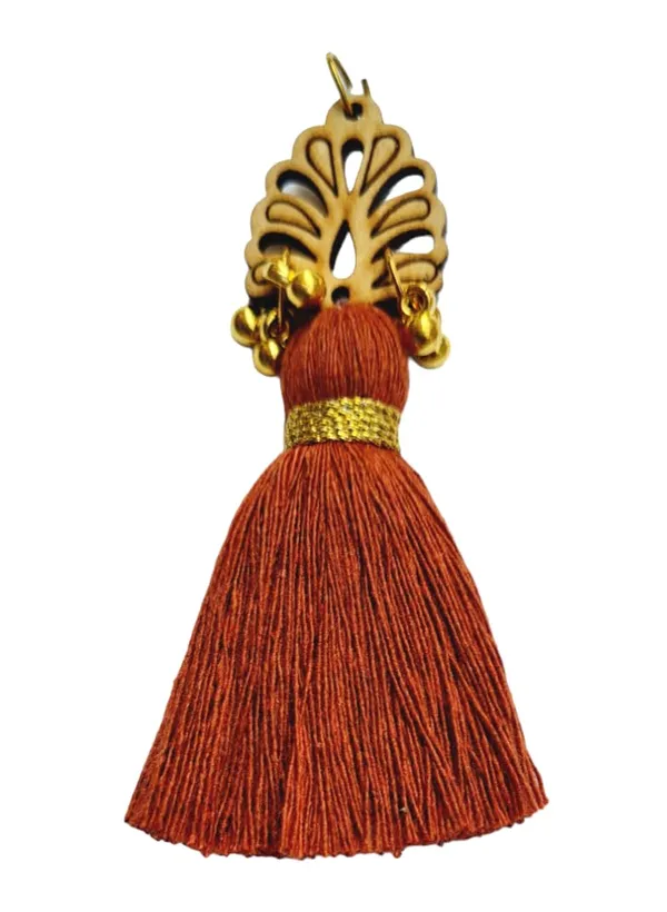 Rust_Brown_Cotton_Handmade_Mini_Tassels_With_Wood_Leaf_&_Ghungroo_,_Pack_Of_10