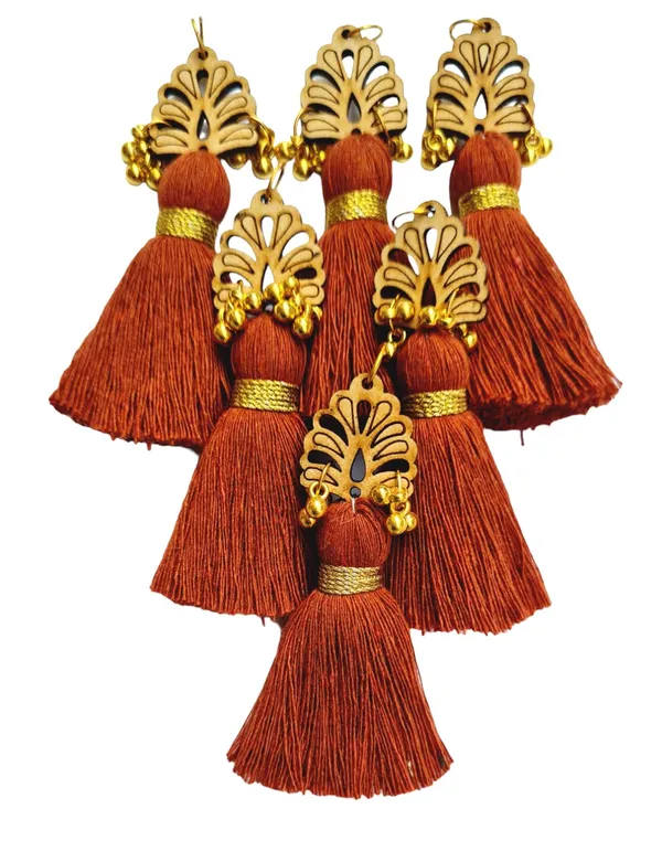 Rust_Brown_Cotton_Handmade_Mini_Tassels_With_Wood_Leaf_&_Ghungroo_,_Pack_Of_10