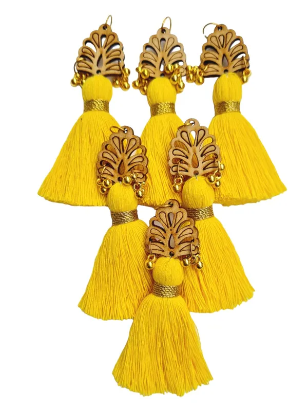 Bright_Yellow_Cotton_Handmade_Mini_Tassels_With_Wood_Leaf_&_Ghungroo_,_Pack_Of_10